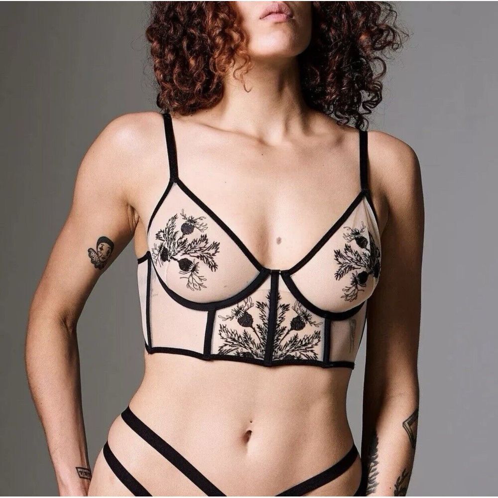 Thistle and Spire Woman's Black Verona Longline Mesh Bustier Bra SZ 32DD